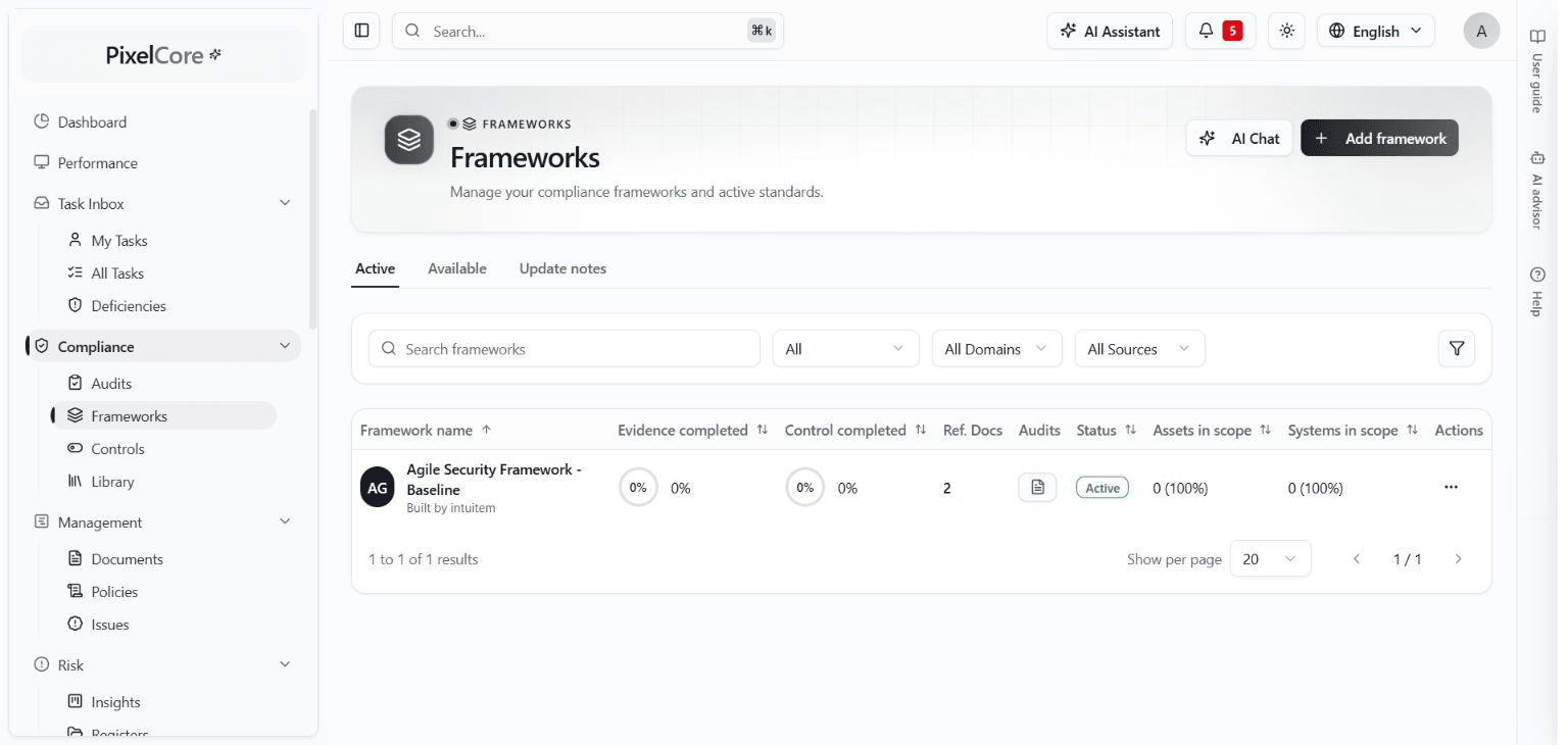 Actual PixelCore screenshot: Frameworks and compliance controls