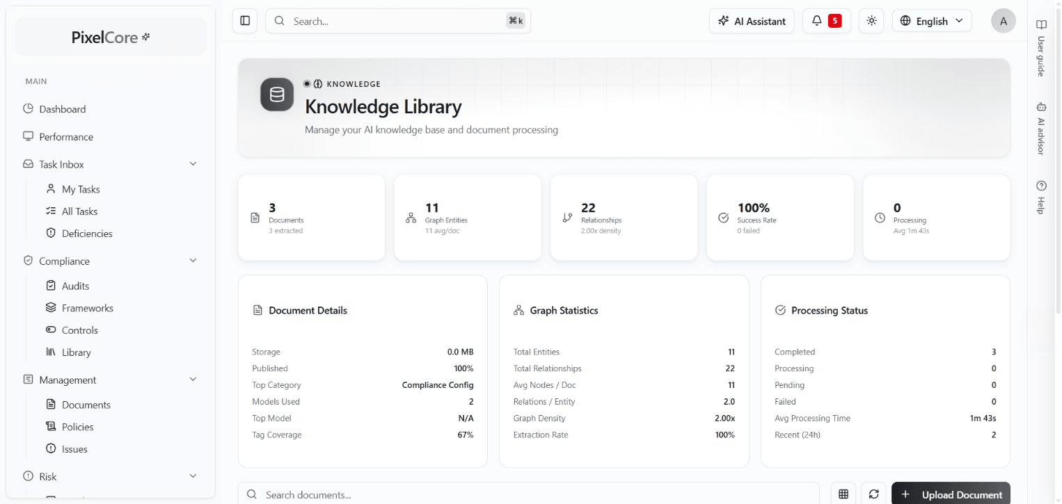 Actual PixelCore screenshot: Knowledge library and document processing