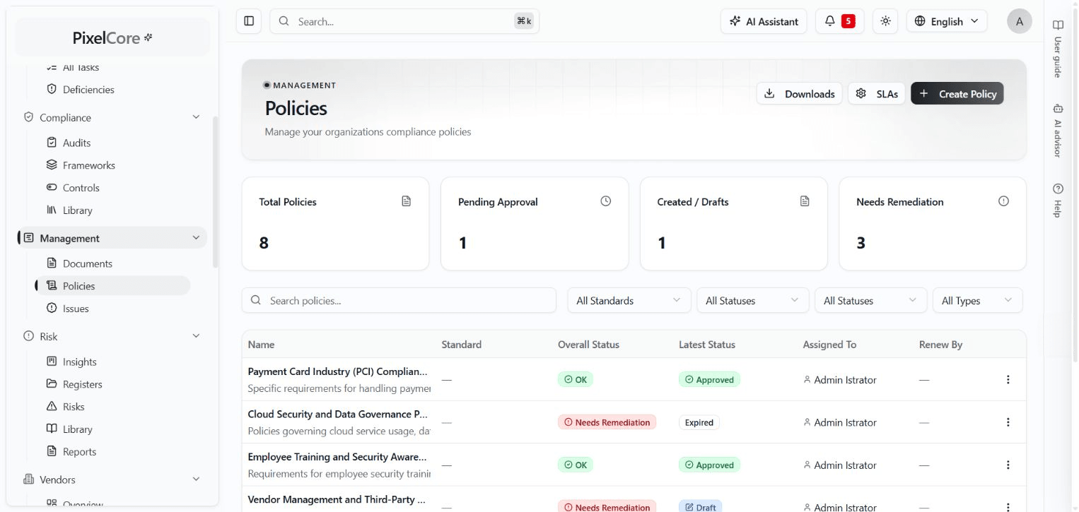 Actual PixelCore screenshot: Policies and approvals